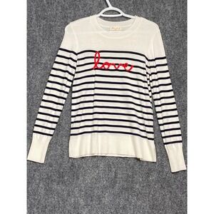 Marled‎ Women's Small Striped Love Embroidered Knit Sweater Top Pullover White